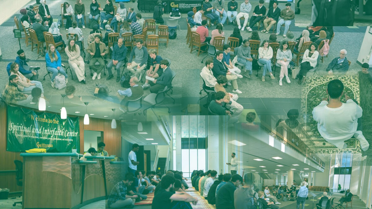 Collage of various students sitting in circles or on mats at the Spiritual and Interfaith Center.